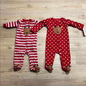 Twin Set 9m: Red and White Striped and Polka Dot Reindeer Zipper Pajamas